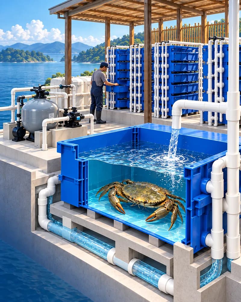 Concept illustration of an operator beside crab habitats and production equipment.
