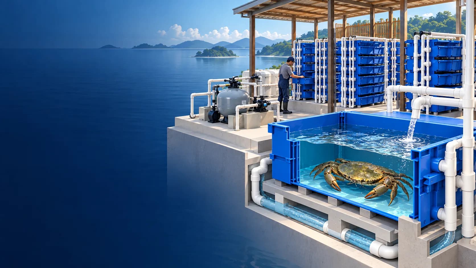Concept illustration of mud-crab habitats, production racks, water equipment and an operator in a coastal landscape.